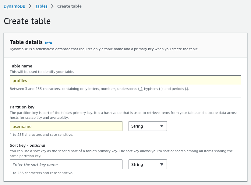 DynamoDB Profile Management Screenshot